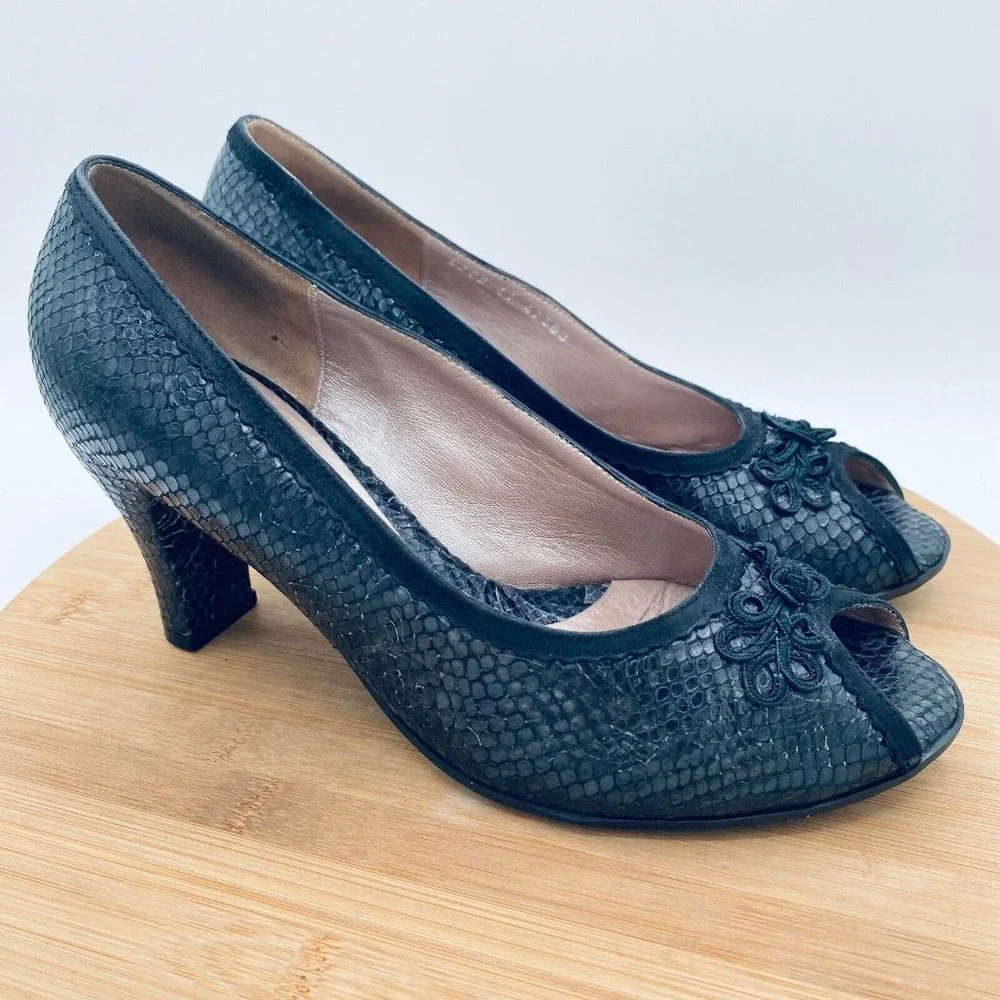 Beautifeel Shoes Womens 10 41 Black Snakeskin Leather Slip On Comfort Heels Peep